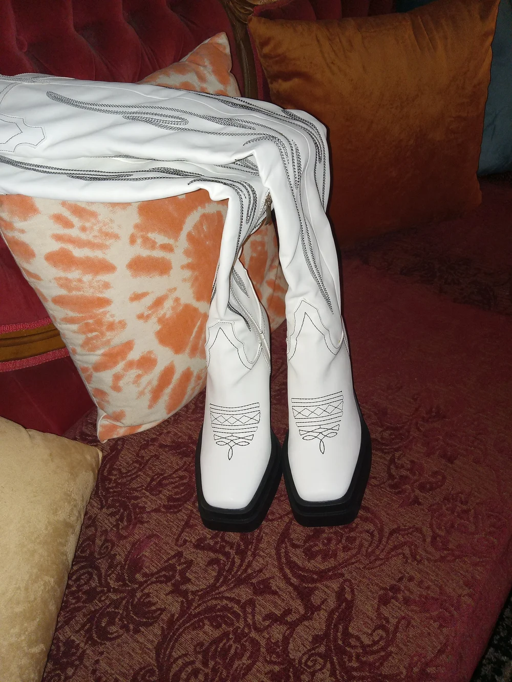 Lemonade White Over-the-Knee Western Boots with Black Stitching